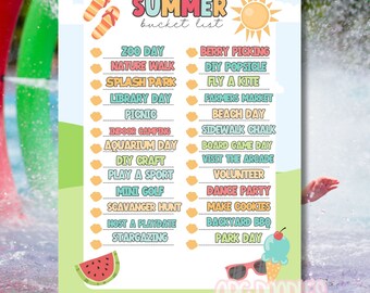 May include: A colorful printable summer bucket list with activities like visiting the zoo, going to the beach, and stargazing. The list is decorated with a watermelon, a sun, and an ice cream cone.
