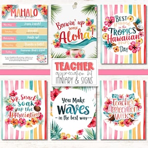 Editable Hawaiian Luau Theme Teacher & Staff Appreciation Tropical Itinerary Flyer Canva Template | Hawaiian Theme Appreciation Week Events