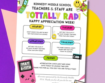 Editable 90s Theme Teacher Appreciation Week Itinerary Flyer