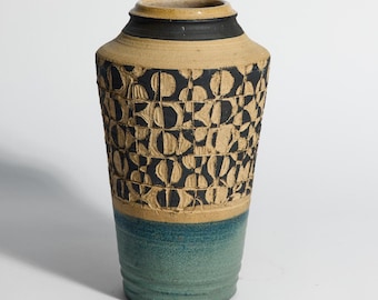 Vintage Hand Thrown Studio Pottery Vase ~ Large, Geometric Design ~ Bouquet and Flower Vessel ~ Signed by Artist