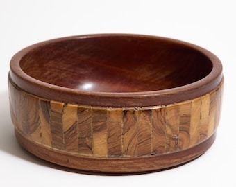 Vintage Wood Catchall Bowl with Inlaid Burled Rim ~ Mosaic Rim ~ Hand turned Mid-Century Style