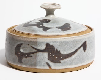 Hand Thrown Studio Art Pottery Lidded Vessel – Artist Signed Blue & Gray Textured Ceramic Catchall Bowl ~ 8.5″ Diameter Stoneware