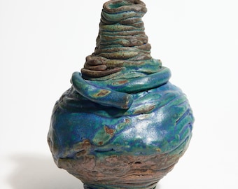 Vintage Studio Pottery Blue and Green Coiled Vase