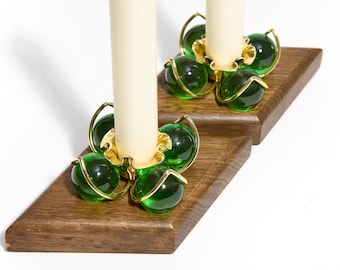 Vintage Mid Century Modern Green Lucite & Gold Toned Taper Candle Holders on Diamond Wood Base ~ MCM Candle Stand Pair