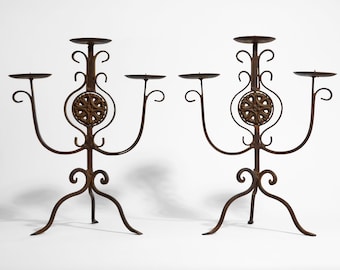 Pair of Wrought Iron 3-Arm Candelabra ~ Hand Forged ~ Scroll-Foot Tripod Base ~ Aged Patina ~ Gothic Victorian Style Mantel Centerpiece