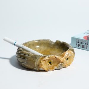 Vintage italiensk alabasteruggla askfat ~ Grönbrun sten med glasögon, tillverkad i Italien, modern inredning i mitten av århundradet
