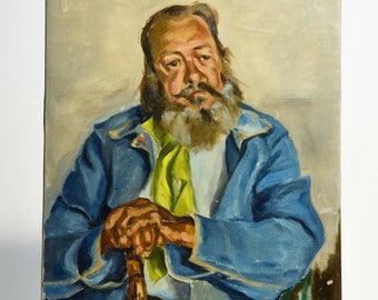 Mid Cetury Oil Portrait of Older Gentleman With Cane ~ Blue Coat, Yellow Ascot ~ Oil Painting ~ Statement Piece on Stretched Canvas ~ 20x24”