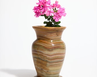 Vintage Banded Alabaster Mini Bud Vase ~ Onyx Style Hand Carved Stone Vessel ~ Warm Red Brown Green Veining ~ 4.5” Tall ~ Polished Finish