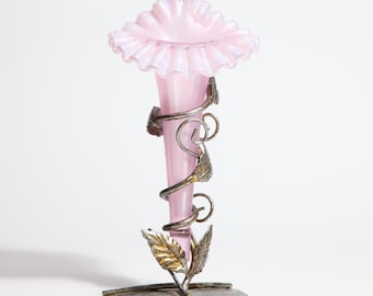 Vintage Handmade Fenton Pink Iridescent Vase with Metal Ivy Stand ~ Made in the USA ~ Antique Glass Vase ~ Decorative Glass