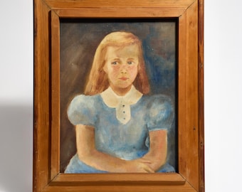 Vintage Handmade Wood‑Framed Painting of Blond Girl in Blue Dress with White Collar ~ Folk Art Portrait ~ Original Art Signed by Artist