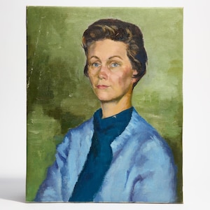 Vintage Mid-Century Oil Painting Of Brown Haired Woman in Blue, Against a Green Backdrop ~ Painted in Studio ~ Portrait Art ~ 16x20”