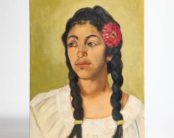 Beautiful Oil Painting of Latina Woman with Red Flower in Hair ~ Lace Blouse ~ Original Signed Portrait Art ~ Southwestern Style ~ 12x16”