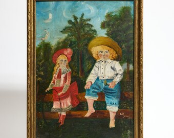 Victorian-Style Oil Painting on Board of Children at Play ~ Hoop & Stick Game by a Fence ~ Signed Folk Scene in Ornate Gilt Frame