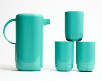Vintage Italian Pitcher & 3 Cups Set ~ Turquoise Stackable Tumblers ~ Modern Minimal Barware with an Art Deco Flair
