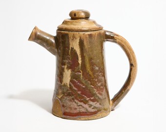 Vintage Studio Pottery Pitcher with Vented Lid and Spout in Rustic Brown Glaze