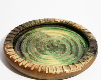 Vintage Handmade Studio Art Pottery Plate / Ashtray ~ Green, Yellow, and Brown Swirl Pattern Ceramic Catchall Dish by Merritt Island Pottery