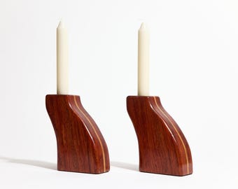Vintage Curved Wood Taper Candle Holders ~ Sculptural Redwood Pair with Light Inlay ~ Handmade Mid-Century Modern Scandinavian Style