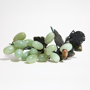 Vintage Jade Green Grape Cluster Made From Marble Alabaster With Stone Leaves ~ Attached To Wood Stem Via Wire ~ Chinese Feng Shui