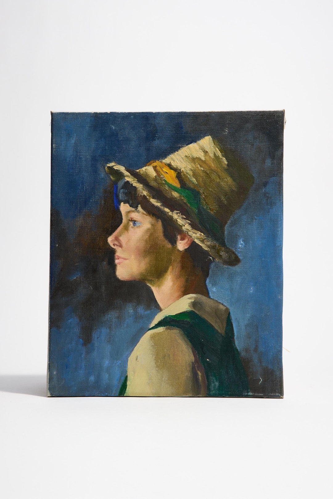 Vintage Midcentury Oil Painting ~ Profile Portrait of Woman in Blue ...