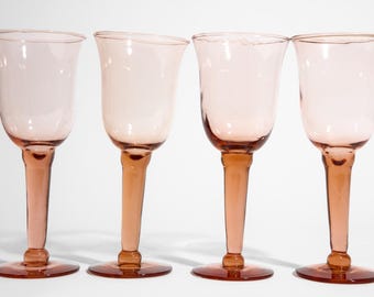 Vintage set of 4 Pink Hand-Blown Fluted Wine Glasses ~ Tulip Stems ~ 8-Ounce Goblets for the Bar
