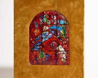 Vintage Handmade Velvet Wall Hanging with Mosaic Window ~ Mid Century Orange and Red Art Piece