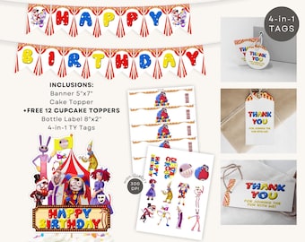 Geweldige digitale Circus Pomni bundel partij afdrukbare GRATIS 12 cupcake toppers INSTANT Download PNG shirt sticker banner fles label gunsttag