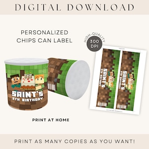 Mine Crafter Chip Can Label Personalized Printable Party Favors DIGITAL DOWNLOAD