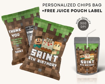 Etiqueta de bolsa de chips Mine Crafter / Etiqueta de bolsa de jugo GRATIS Favores de fiesta imprimibles DESCARGA DIGITAL