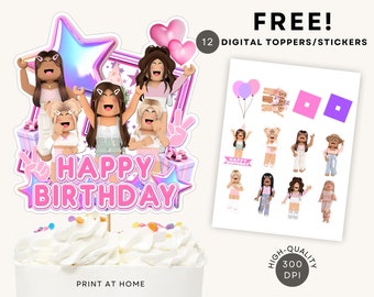 Może przedstawiać: Zestaw 12 cyfrowych, drukowanych ozdób do tortu z postaciami Roblox. Ozdoby zawierają duży baner "Happy Birthday" w różowo-fioletowym schemacie kolorów, cztery awatary Roblox oraz kilka mniejszych ozdób z postaciami i akcesoriami Roblox. W obrazie znajduje się tekst "GRATIS!" i "12 CYFROWYCH TOPPERÓW/NAKLEJEK".