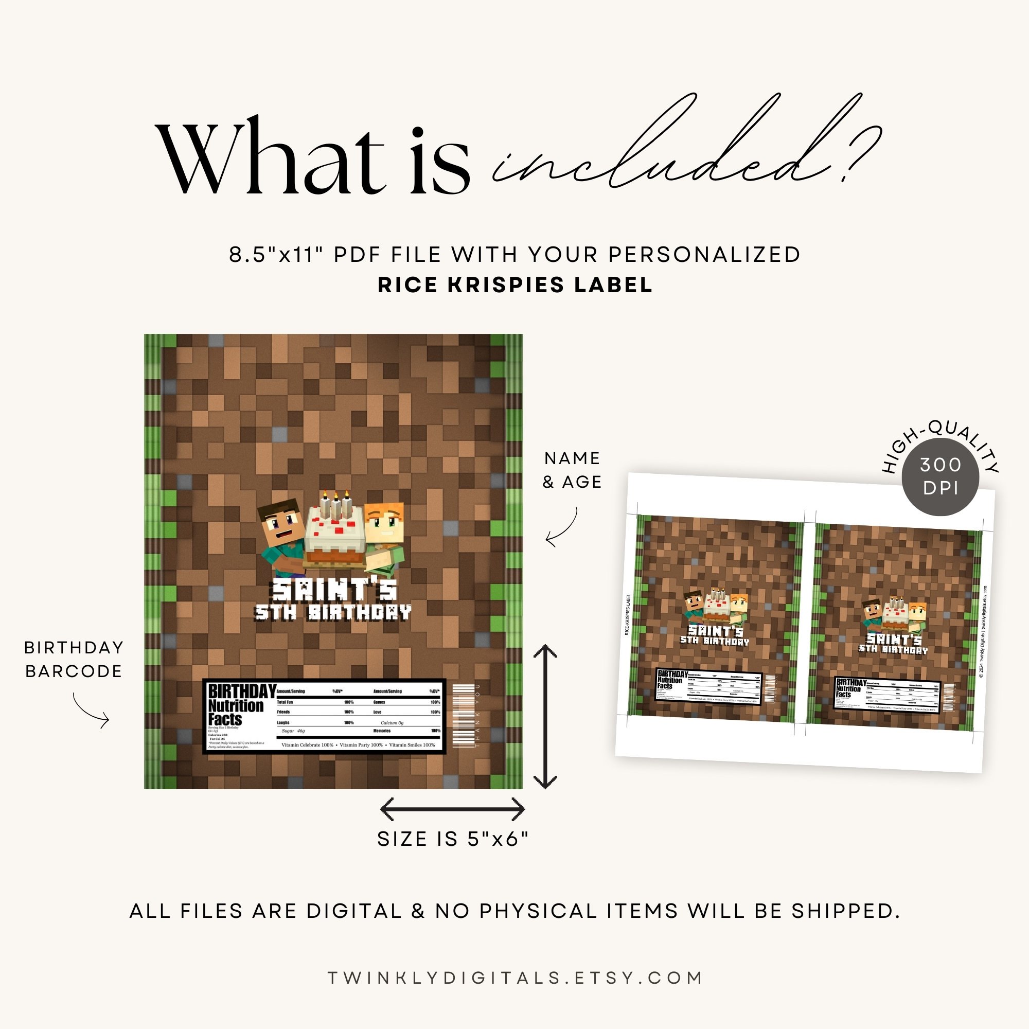 Mine Crafter Rice Krisp Label Personalized Printable Party Favors DIGITAL DOWNLOAD