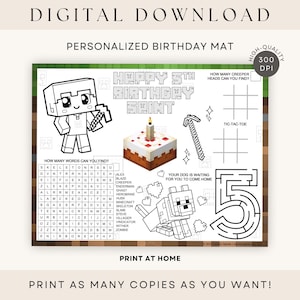 Mine Crafter Birthday Coloring Placemat Personalized Printable Activity Party Games DIGITAL DOWNLOAD