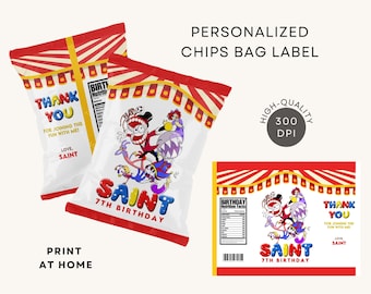 Incrível etiqueta de saco de chips de circo digital personalizada Pomni para impressão lembrancinhas de festa DOWNLOAD DIGITAL