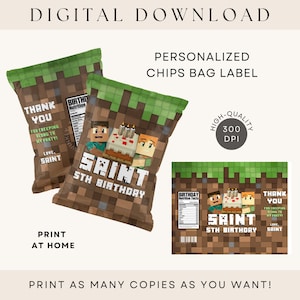Mine Crafter Chips Bag Label Personalized Printable Party Favors DIGITAL DOWNLOAD