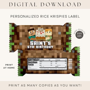 Mine Crafter Rice Krisp Label Personalized Printable Party Favors DIGITAL DOWNLOAD
