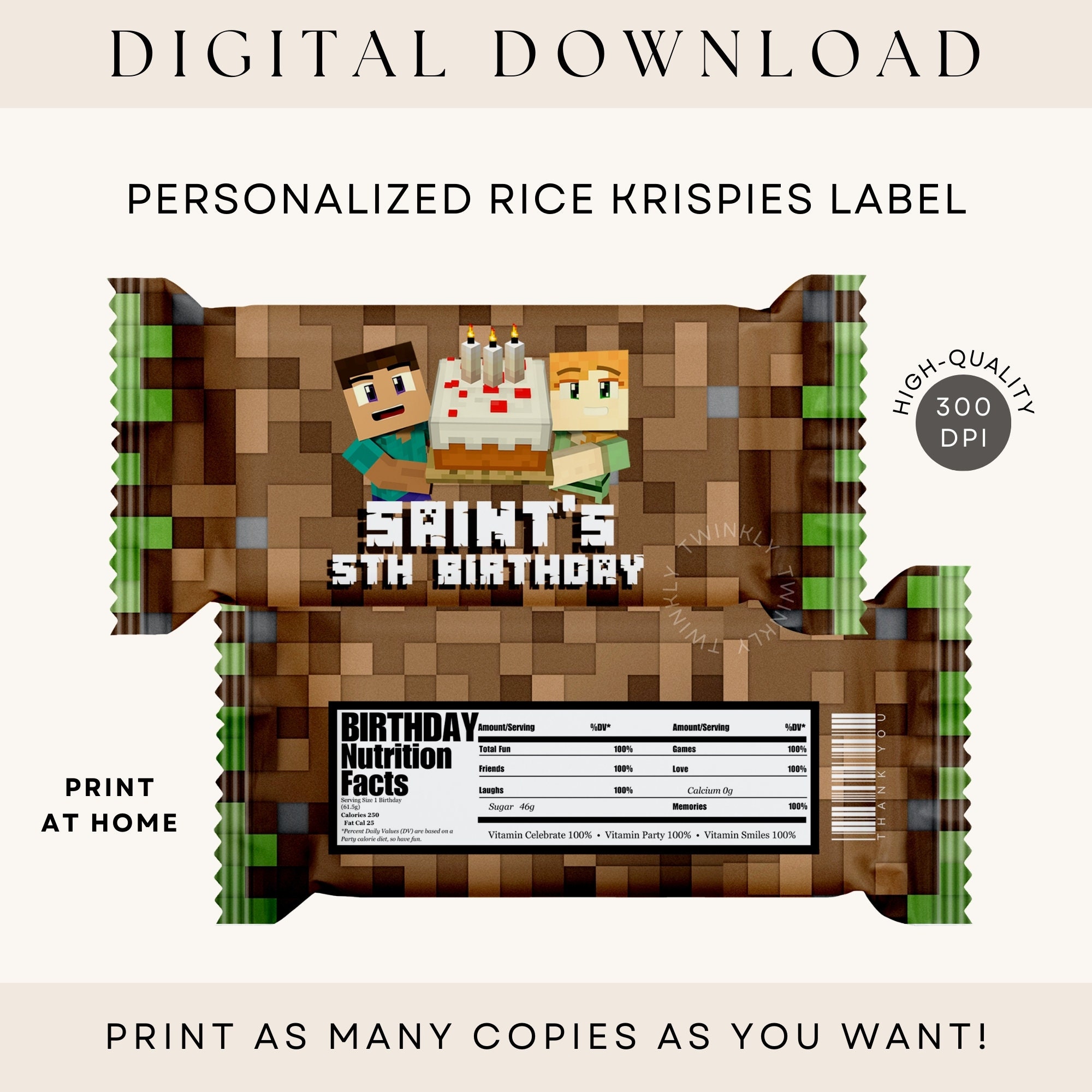Mine Crafter Rice Krisp Label Personalized Printable Party Favors DIGITAL DOWNLOAD