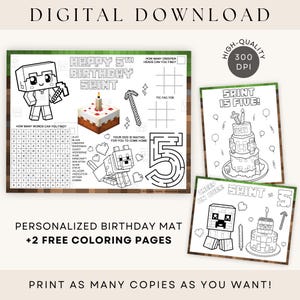 Mine Crafter Birthday Coloring Placemat Personalized Printable Activity Party Games DIGITAL DOWNLOAD
