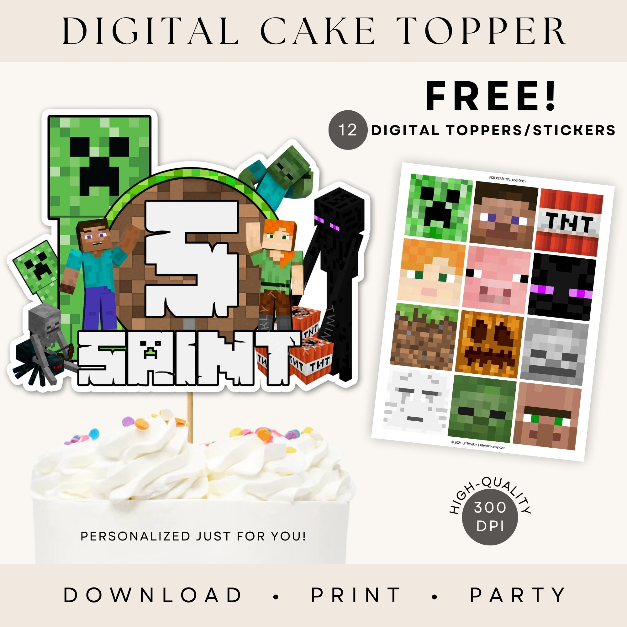 Personalized Minecraft Topper with Bonus Stickers
