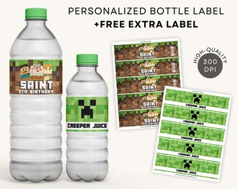 Mine Crafter Water Bottle Label | FREE Bottle Label Printable Party Favors DIGITAL DOWNLOAD