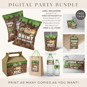 Mine Crafter Party Favors Bundle, FREE 4-in-1 Tags | Printable Mine Crafter Chips Bag Juice Bottle Gable Box Gift Bag Label DIGITAL DOWNLOAD