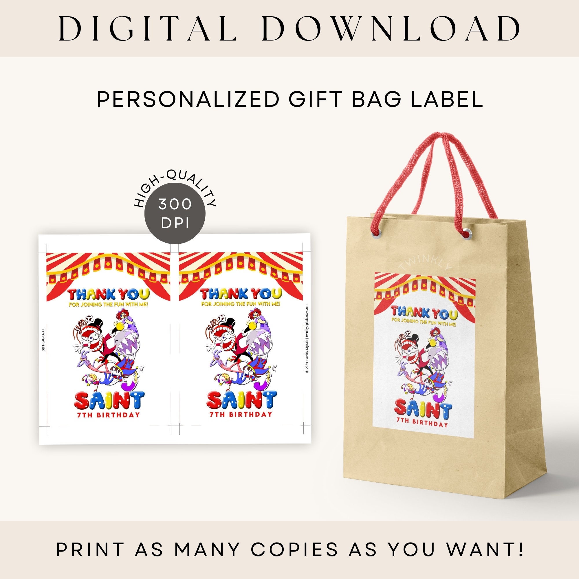 Amazing Digital Circus Gift Bag Label Personalized Printable Party