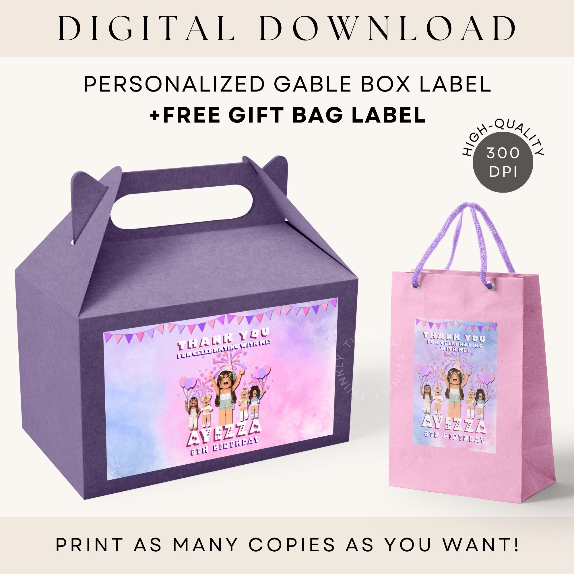 Roblox Girl Gable Box Label FREE Gift Bag Label Printable Party Favors ...