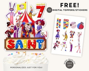 Amazing Digital Circus Cake Topper Stickers PNG Birthday Shirt with FREE 12 Digital Cupcake Party Decorations