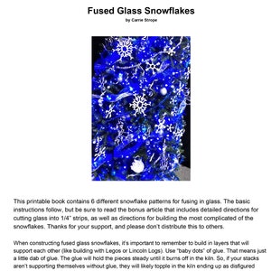 May include: A close-up of a blue Christmas tree decorated with white and blue snowflake ornaments. The text "Fused Glass Snowflakes" and "by Carrie Strope" is visible at the top of the image.