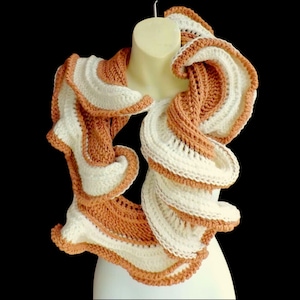 Latte Mobius Scarf - Infinity Scarf Ruffle Mobius Scarf Design with Crochet Coral Reef Pattern, Soft and Cozy