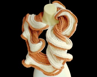 Latte Mobius Scarf - Infinity Scarf Ruffle Mobius Scarf Design with Crochet Coral Reef Pattern, Soft and Cozy