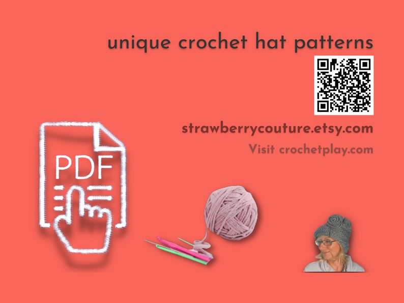 Promotional graphic with a QR code, text highlighting 'unique crochet hat patterns', and a stylized PDF icon, encouraging viewers to visit the listed Etsy shop and website for more crochet patterns