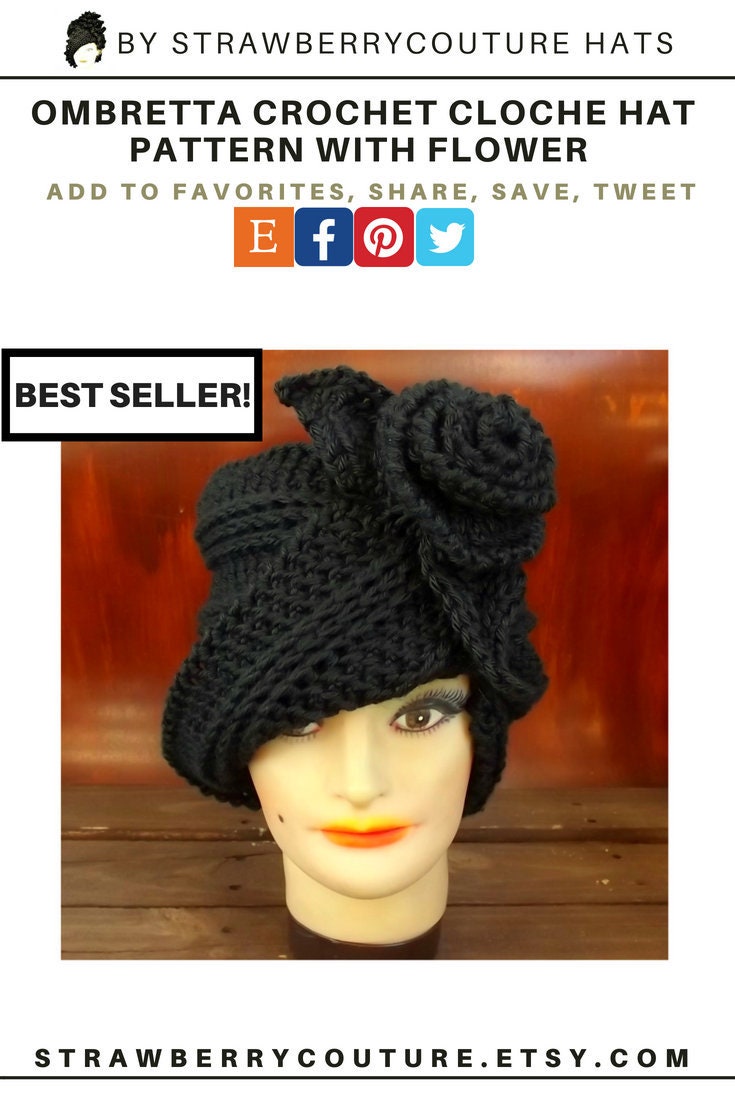 This is an instant PDF download for the OMBRETTA crochet cloche hat pattern with flower for women. It includes step-by-step pictures, written instructions, crochet abbreviations, stitches, and materials. Learn how to crochet a hat with an asymmetrical brim, flower, leaf, hat, and smooth edge. If you know the basic stitches, you can make this 4-piece pattern. Do you like this pattern? Please click or tap on the link. Please share with your social media friends.
