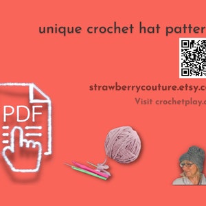 An advertisement featuring a QR code for 'Unique Crochet Hat Patterns' with a pink crochet hook, yarn ball, and a knitted hat, indicating a downloadable PDF pattern