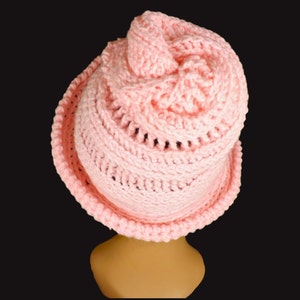 Graphic image showing close-up details of the crochet stitches used in the Virginia cloche hat pattern, including front post and back post extended single crochet