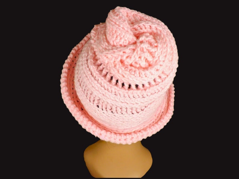 Graphic image showing close-up details of the crochet stitches used in the Virginia cloche hat pattern, including front post and back post extended single crochet